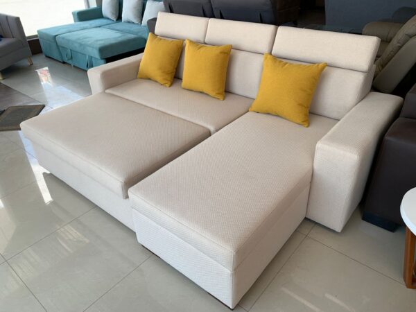 Sofa cama lineal, moderno, color beige, turquesa, abano