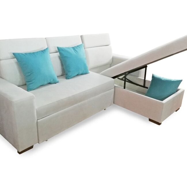 Sala esquinera, sofá cama y baúl color beige